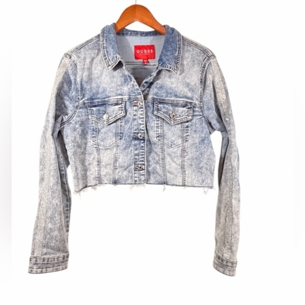 Guess cropped denim jacket medium acid wash rhinestone Sparkle coat jean jacket
